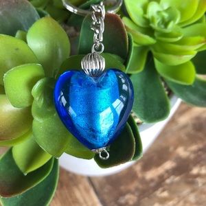 Murano glass heart shaped key chain blue NEW